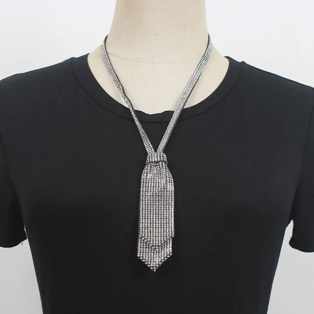 Shiny Adjustable Rhinestone Necktie Black Ribbon Bow Ties Double Layer Tassel Black Necktie Unisex
