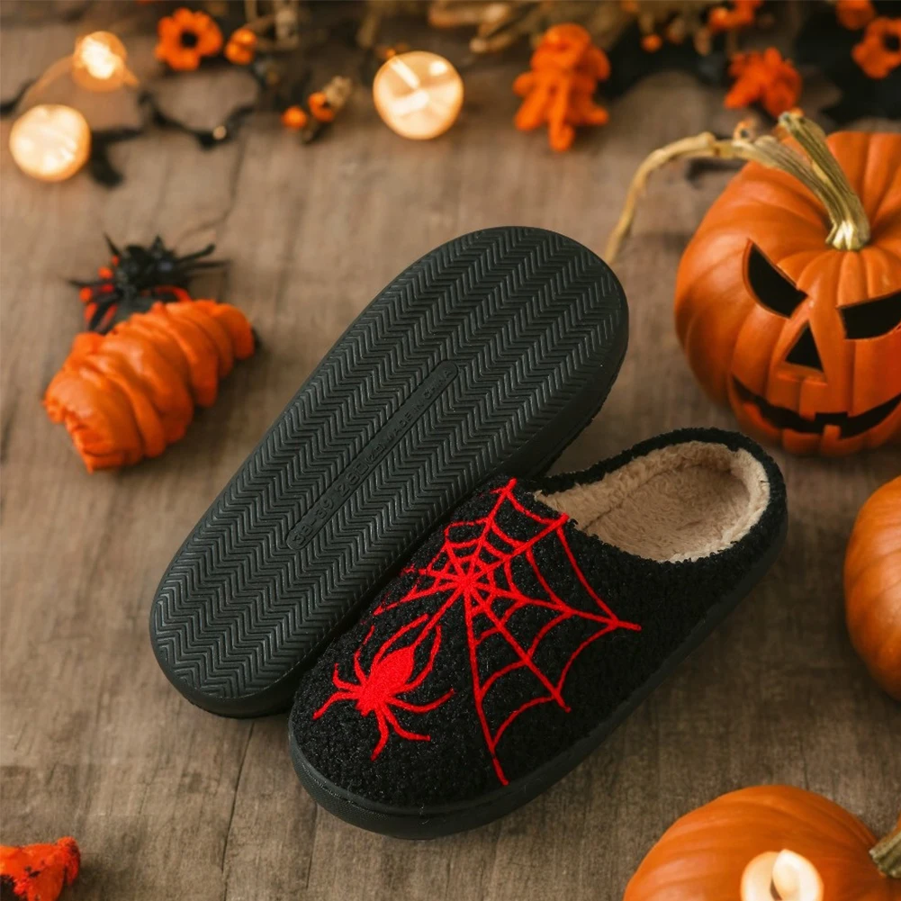 Halloween confortável chinelos peludos anti deslizamento quente deslizamento em casa sapatos aranha web padrão macio chinelos de pelúcia presente para amigos