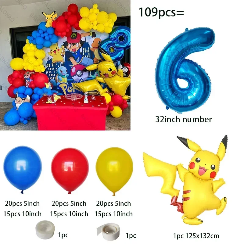 109 Stück Pokemon Pikachu Thema Geburtstagsballon Stehend Pokemon Babyparty Globos Kinder Erster Geburtstag Dekorationszubehör