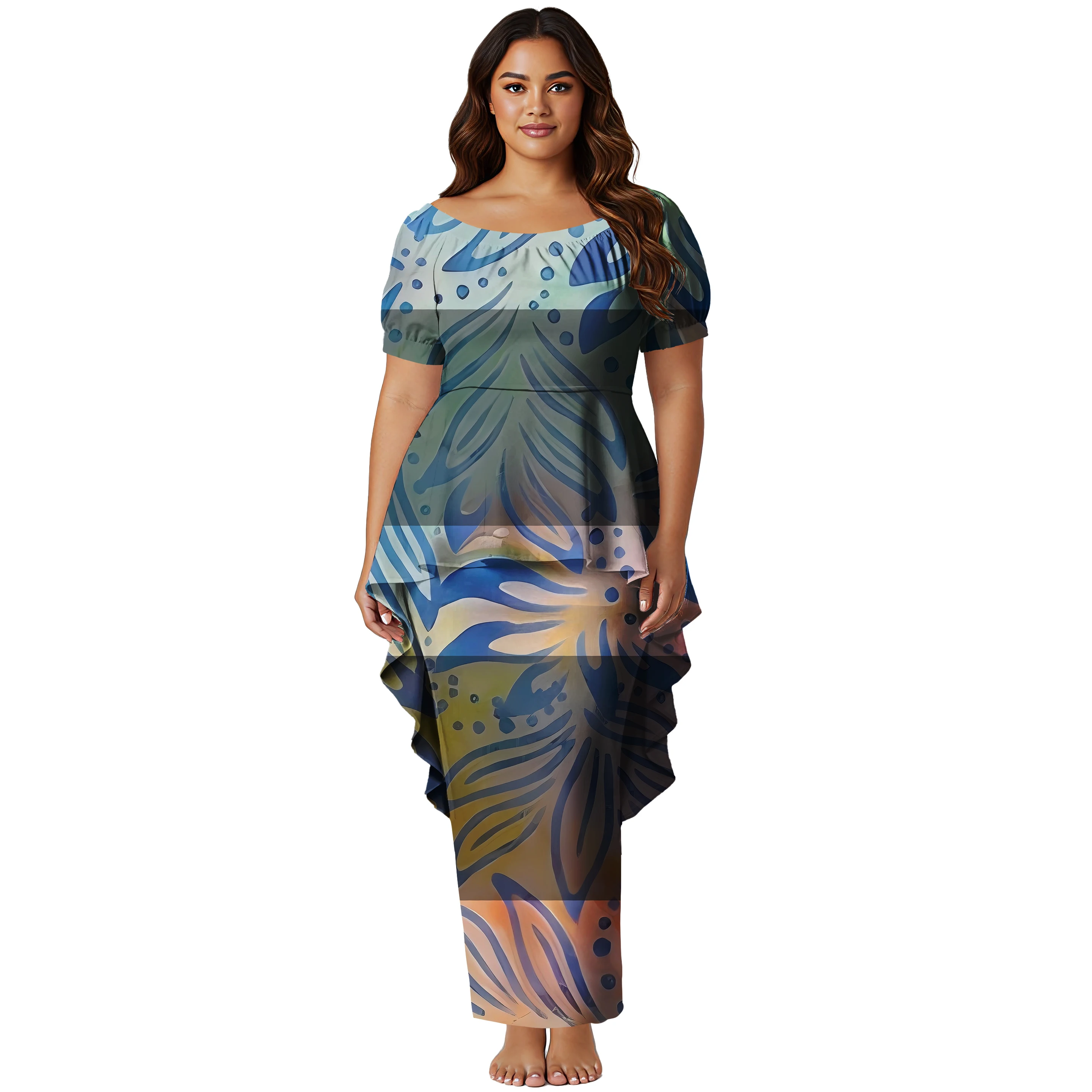 Custom Samoan Print Polynesian Swallowtail Hem Style Top and Skirt Large Size Ladies Long Puletasi Dress 2 Piece Set Outfits