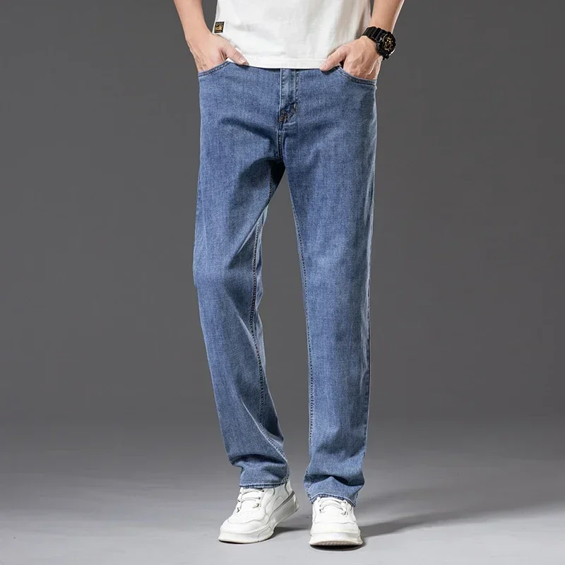 Plus Size 40 42 44 Spring Summer Men's Loose Gray Thin Jeans Business Casual Denim Stretch Trousers Blue Male Brand Pants