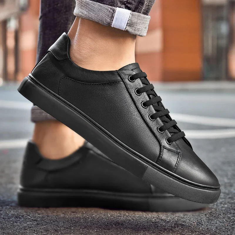 Men Fashion Brand Genuine Leather Shoes Breathable Lace-up Casual Sneakers Wear-resistant Streetwear White Shoes For Male