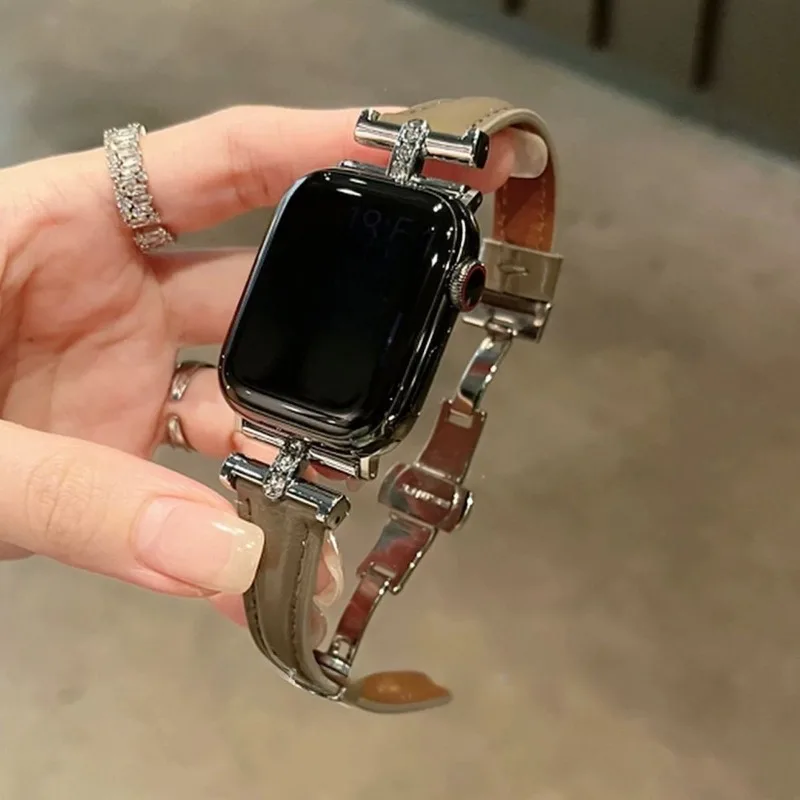 حزام جلدي بإبزيم على شكل فراشة متوافق مع حزام iWatch 38 مم 40 مم 41 مم 42 مم 44 مم 45 مم 49 مم حزام عصري