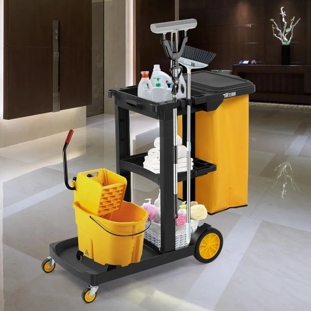 3-Shelf Janitorial Cart with Large 15-Gallon Vinyl Bag Housekeeping Cart Black