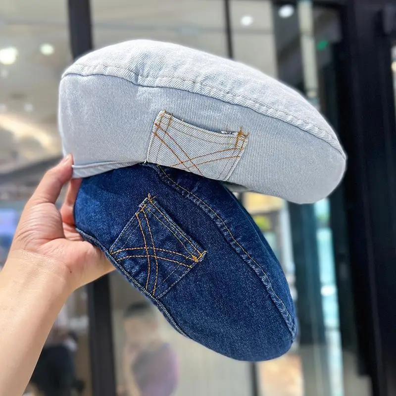 2023 Retro Denim Berets Hat Casual Autumn Shade Painter Cap Korean Solid Color Octagonal Women\'s Painter Hats