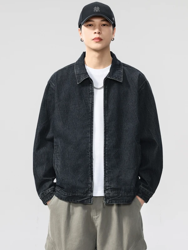 

Retro American Flannel Jaet Men's Casual Loose Workwear Sle Denim Coat Autumn Winter New Trend Brand Zipper Closure Long ...