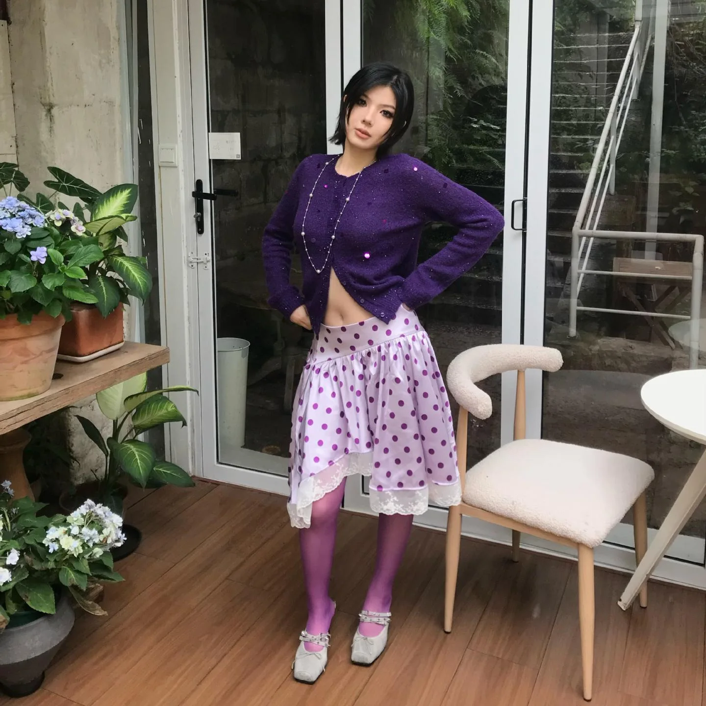 

2026 New Polka Dot Lace Splicing Skirt Women's Irregular A-word Short Skirt Purple Diagonal Pendulum Skirt