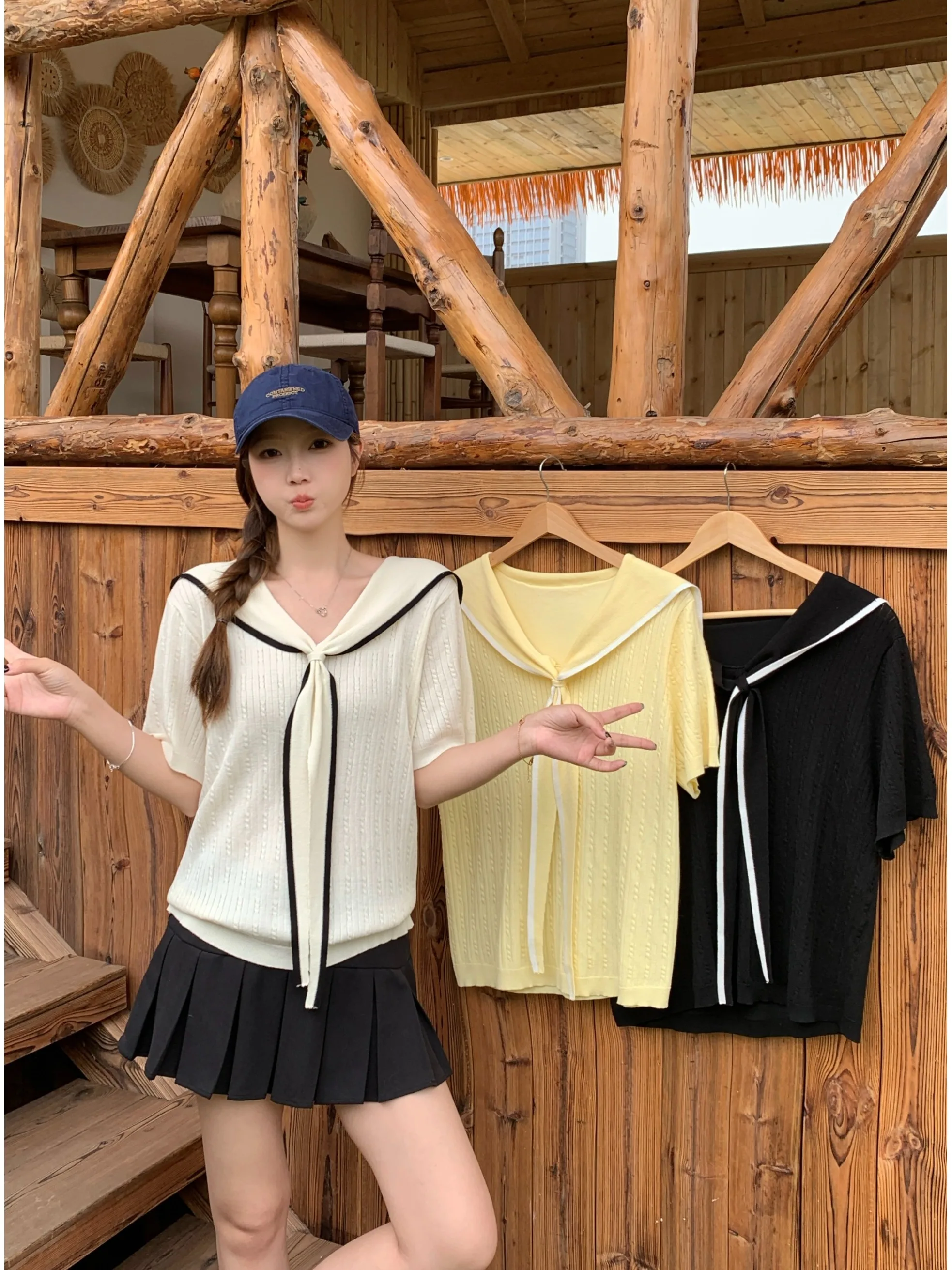 

plus Size Ice Silk Knitted Short Sleeve V-Neck Navy Collar Women's Summer Slimming Top with Belt Korean Style Loose Fit