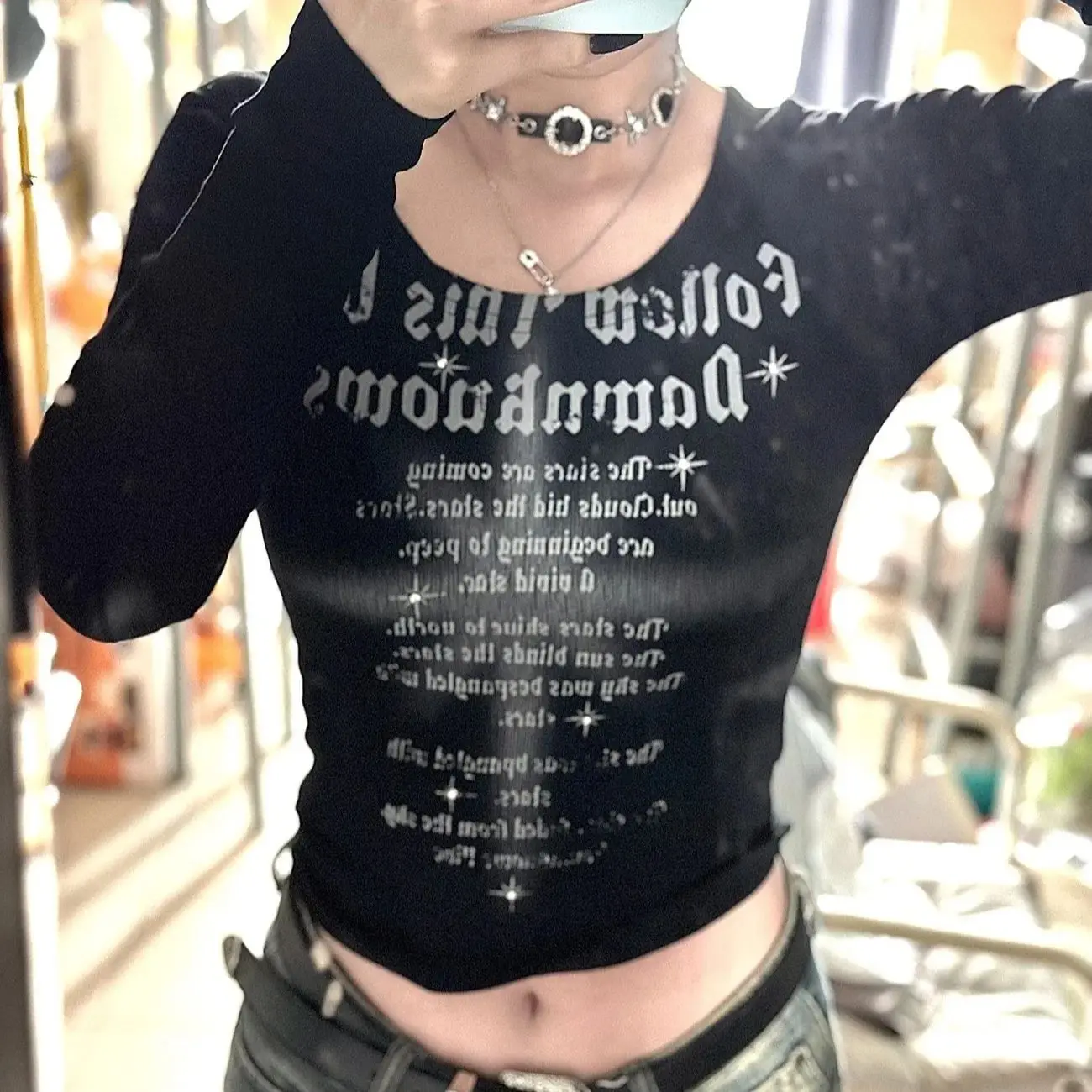 

Kimotimo Vintage Letter Printed Long Sleeve T-shirt Women Harajuku Y2k Slim Fit Base Crop Top Autumn New Versatile Gothic Tees