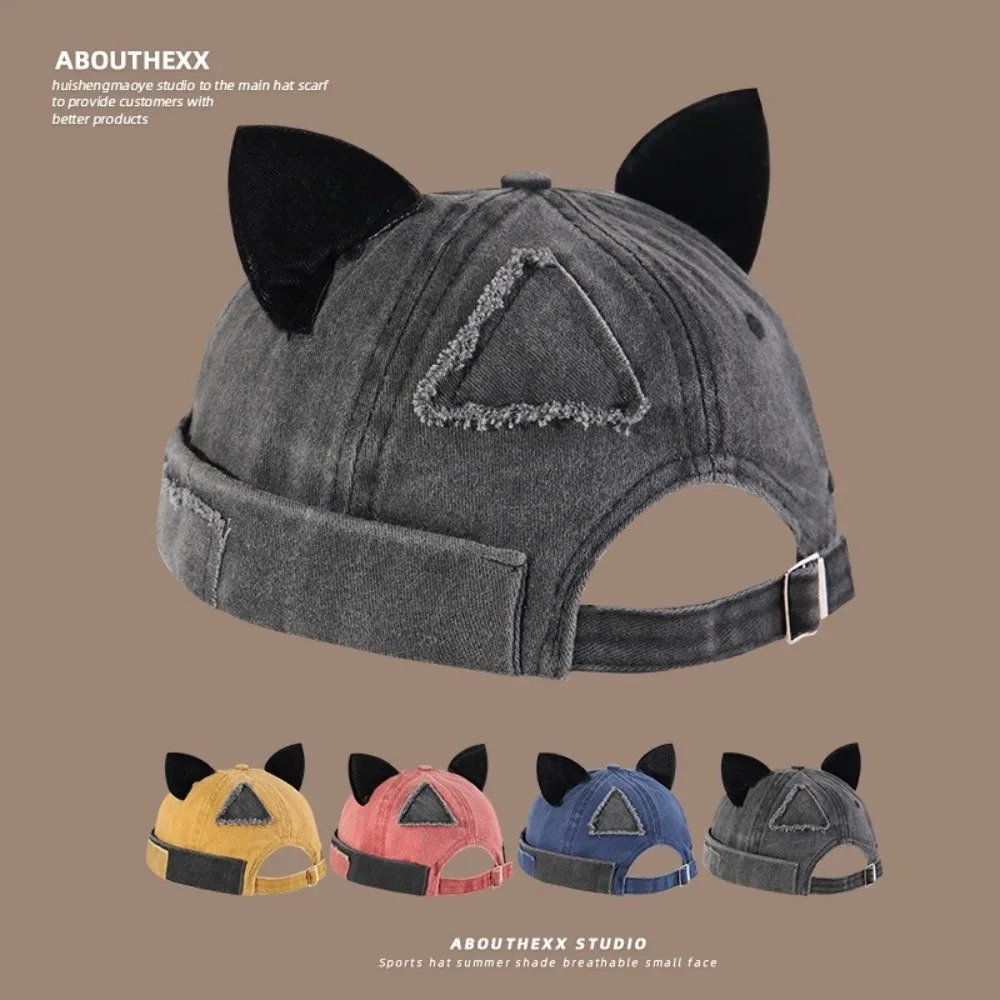 Unisex Cotton Cat Ears Brimless Hat Solid Color Breathable Beanie Hat Washed Old Beanie Cap 3
