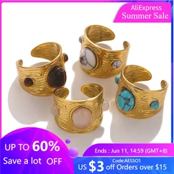 European Stainless Steel Gold Plated Vintage Rings Natural Stone Open Adjustable Woman Man Fashion Retro Jewelry Banquet Gifts