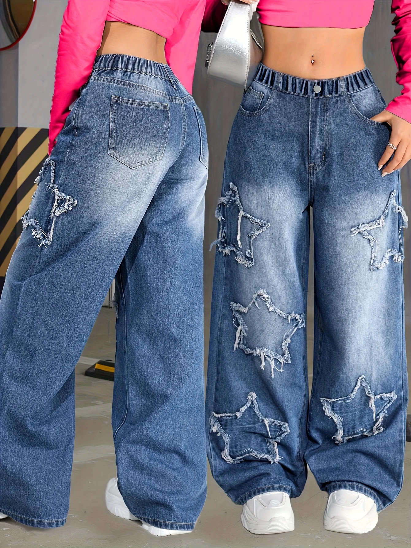 

Новые модные прямые джинсы с пятизвездочными нашивками Y2K для девочек, эластичная талия, удобная ткань, подходит для всех сезонов.