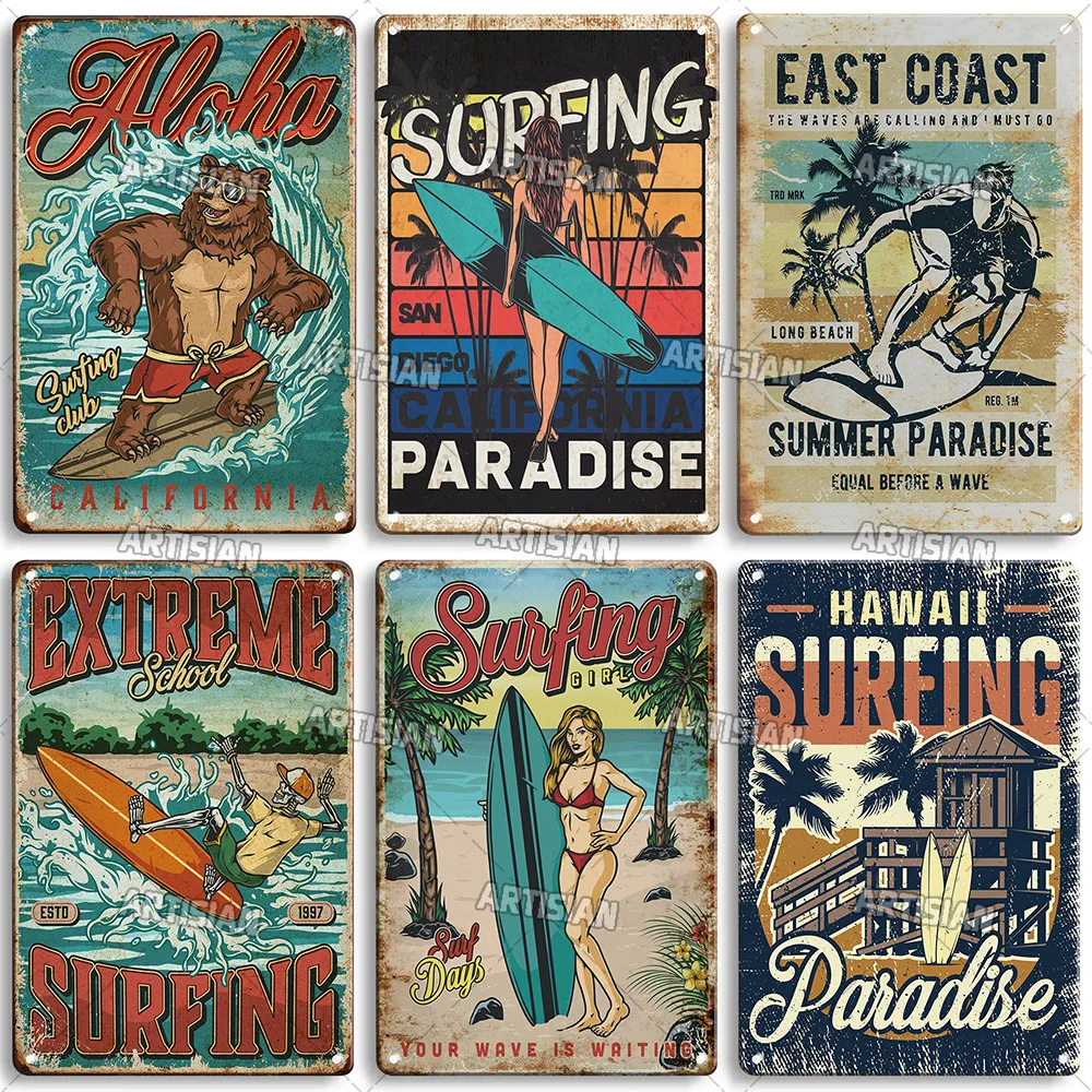 Vintage Metal Tin Sign Surfing Metal Poster Decorative Plate Classic Beach Metal Signs Home Bar Studio Wall Decor Metal Plaque