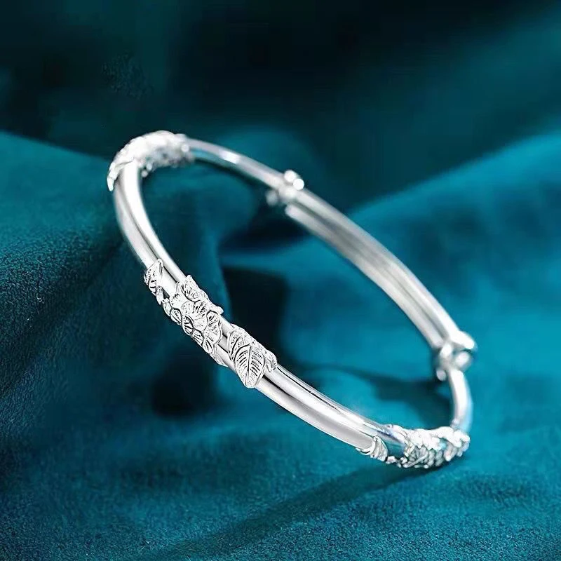 Pulsera de plata con flores sopladas para mujer, brazalete ajustable abierto de lujo, delicado y ligero, joyería de plata sólida