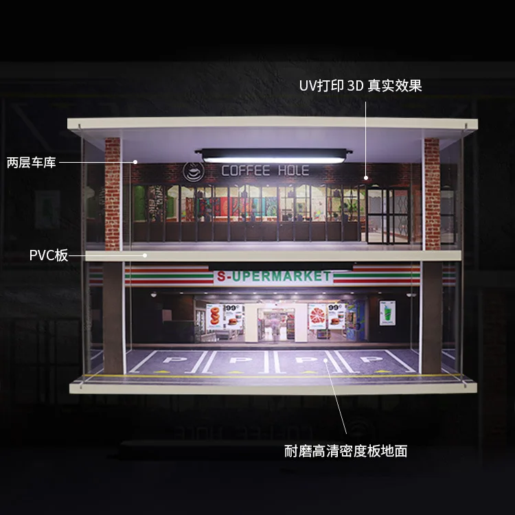 Coffee shop toy alloy car park garage model scene 1:32 acrylic storage dust cabinet ornaments real garage model