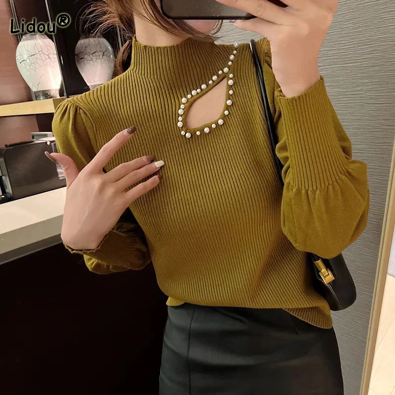 Half Height Collar Solid Color Pullover T-Shirt Autumn Hollow Out Splicing Nail Bead Long Puff Sleeve Thread Knitted Women Tops