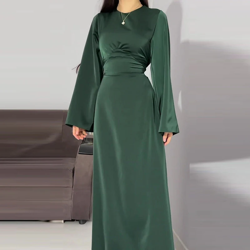 Elegant O Neck High Waist Satin Dress Ladies Fashion Temperament Long Sleeve Slim Party Dress Fall Solid Color Casual Robe Dress