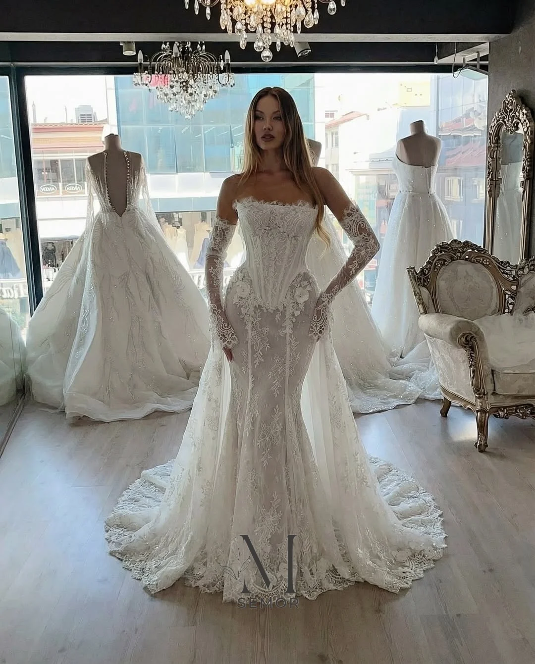 Свадебные платья Semor Elegance с вышивкой бисером и кружевом, фасон «русалка», с 3D цветами, без бретелек, со съемными рукавами, на заказ
