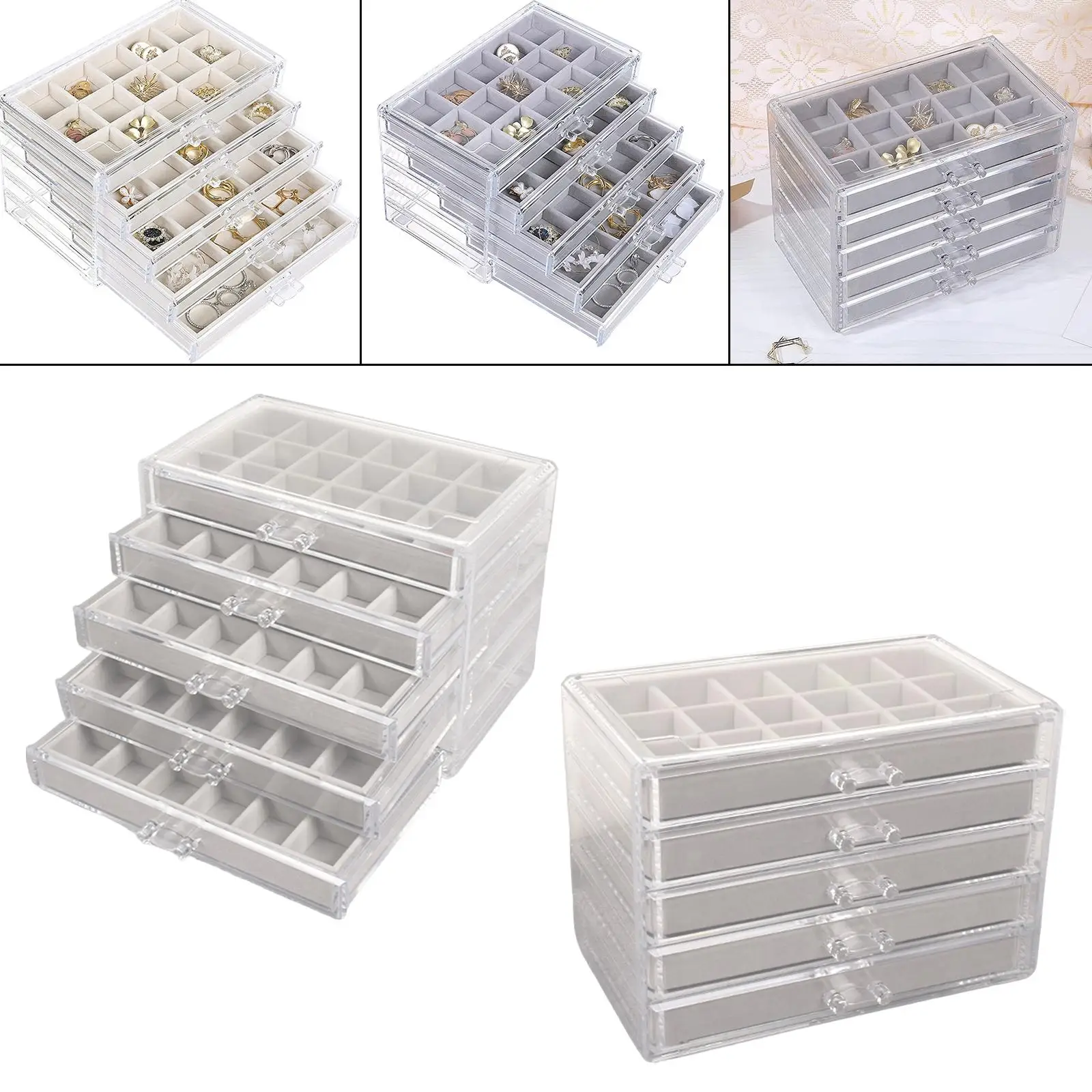 Acrylic Jewelry Box with 5 Drawers, Clear Earring Storage Organizer Display Case for Women Girls,75 Grids