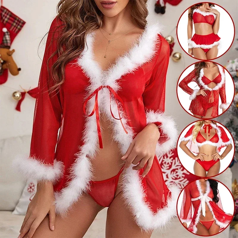 Ensembles d\'uniformes de lingerie rouge sexy pour femmes, costume de Noël, robe de bikini, père Noël, cosplay de Noël, série