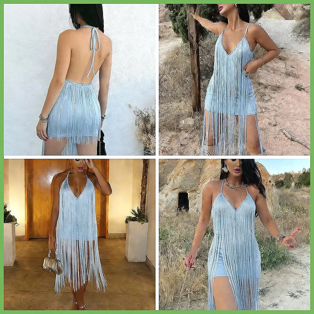 

Sexy Blue Fringe Backless Bodycon Dress for Women, Off Shoulder Halter Mini Vestido Vacation Gown