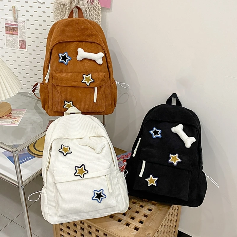 Y2K Girls  Corduroy Aesthetic Backpack with Star Bone Pattern Teens Student Large Capacity School Bookbag Travel Laptop Rucksack