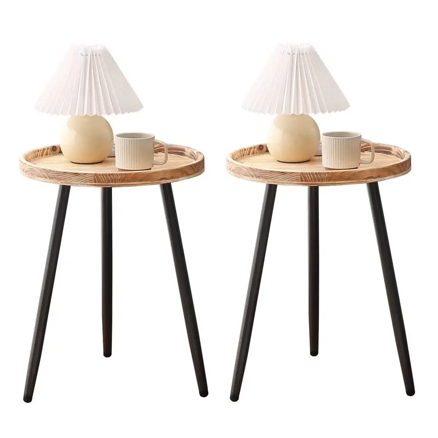 

Round End Table Mental Side Table Nightstand Small Wood Tables Accent Coffee Table with Wooden Tray for Living Room Bedroom Off