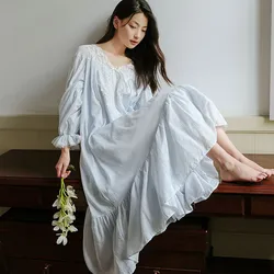 Women Vintage 100% Cotton Nightdress Princess Victoria Full Sleeves Nightdress Palace Loose Long Nightie Sweet Lace V-Neck Dress