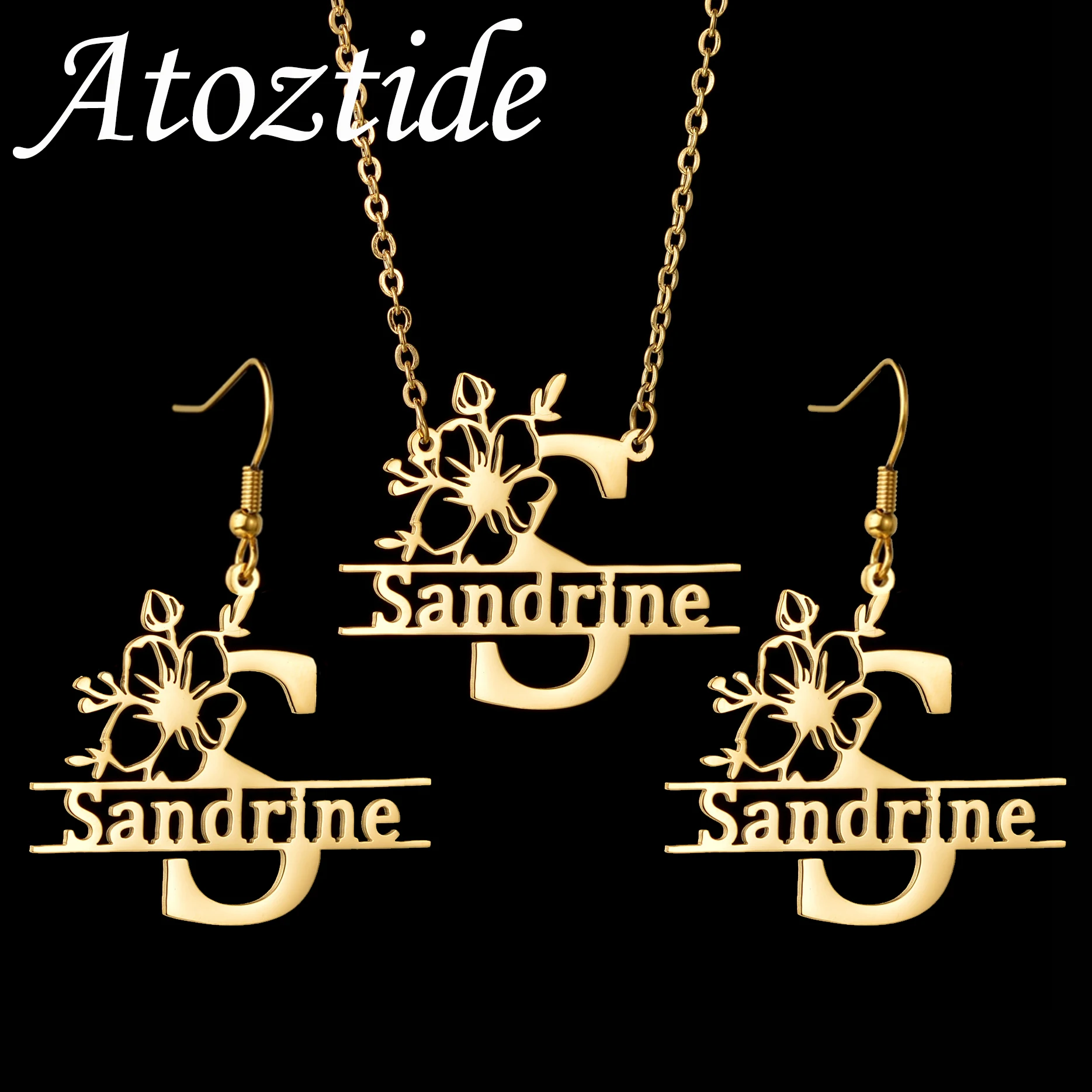 

Atoztide Custom Name Necklace Earring Jewelry Set For Women Men Personalized Hollow Letter Flower Stainless Steel Birthday Gift