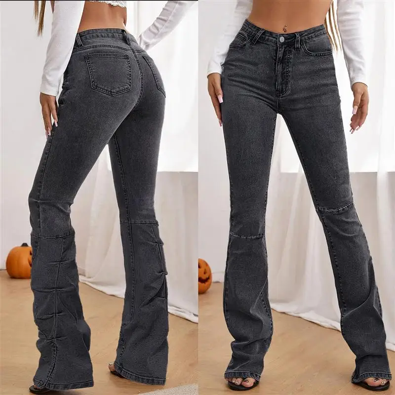 

Faionable Women's High Waist Denim Jeans Flared Long Trousers Traceable Cross-Border ZT60345# Trendy Ladies' Blue Jeans