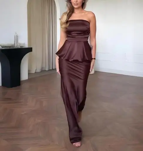 2025 Solid Color Sleeveless Backless Tied Top with Hip Hugging Long Skirt Set - Fashionable Minimalist Women's Outfit