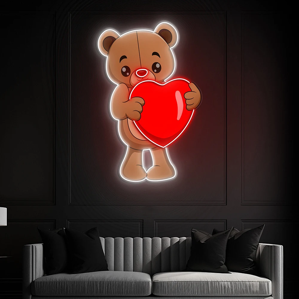 Orso con cuore Neon Sign Cute Bear LED Wall Art Heart Neon Decor Sweet Home Bedroom Decoration Custom Anime Neon Light Signs