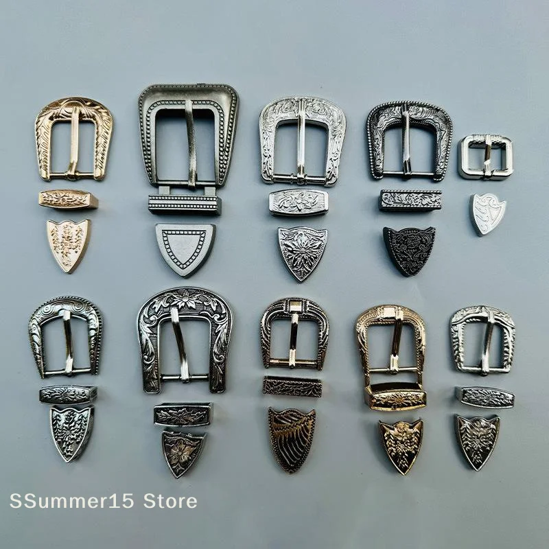 【R】1 Set Three-Piece Belt Buckle Set Vintage Carved Pin Buckle Set DIY Leather Waistband Parts Accessories