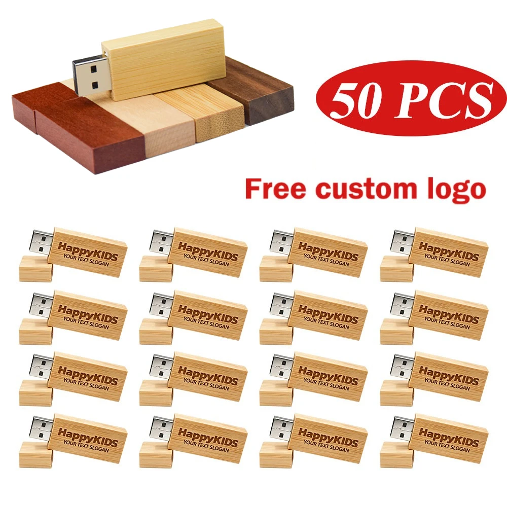 50pcs Lot Free Personalized Custom Logo Wooden Flash Drive Pendrive 4GB 8GB 16GB 32GB 64GB 128GB Cle USB 2.0 Wedding Gift