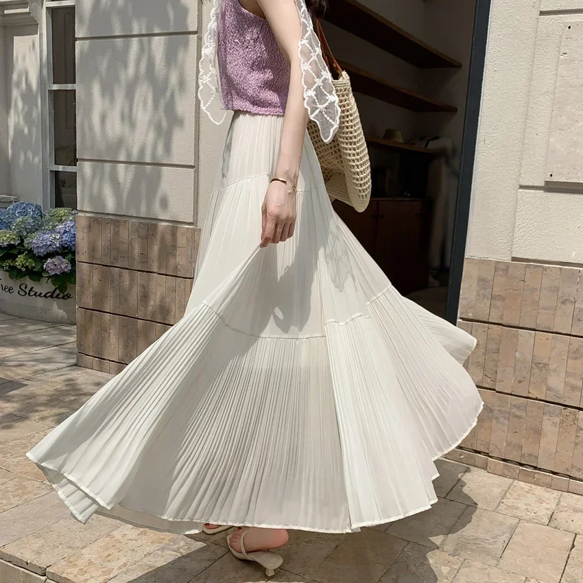 

Элегантные шифоновые плиссированные женские длинные юбки, новинка весны и лета 2025 года, однотонные юбки трапециевидной формы с высокой талией для женщин