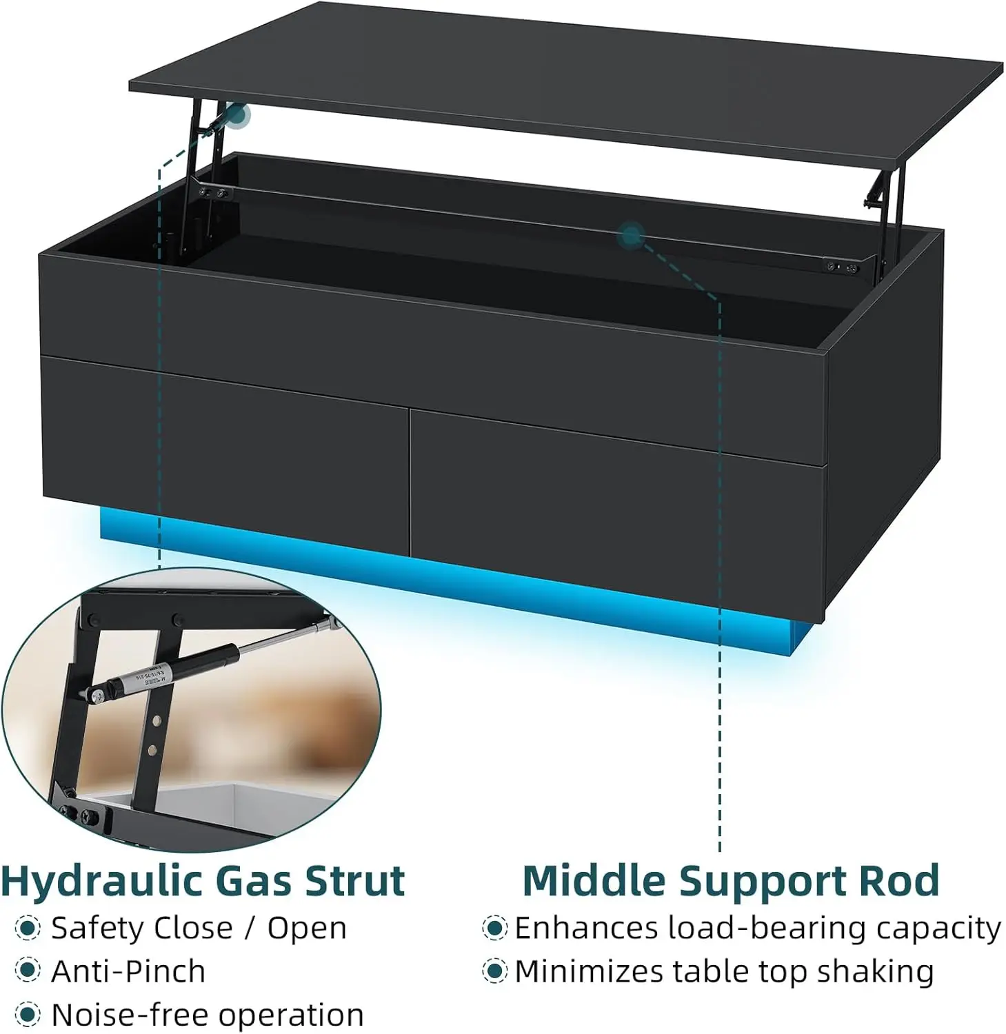 Mesa de centro elevatória com luz LED Mesa de centro moderna com armazenamento Mesa de centro preta de alto brilho para sala de estar