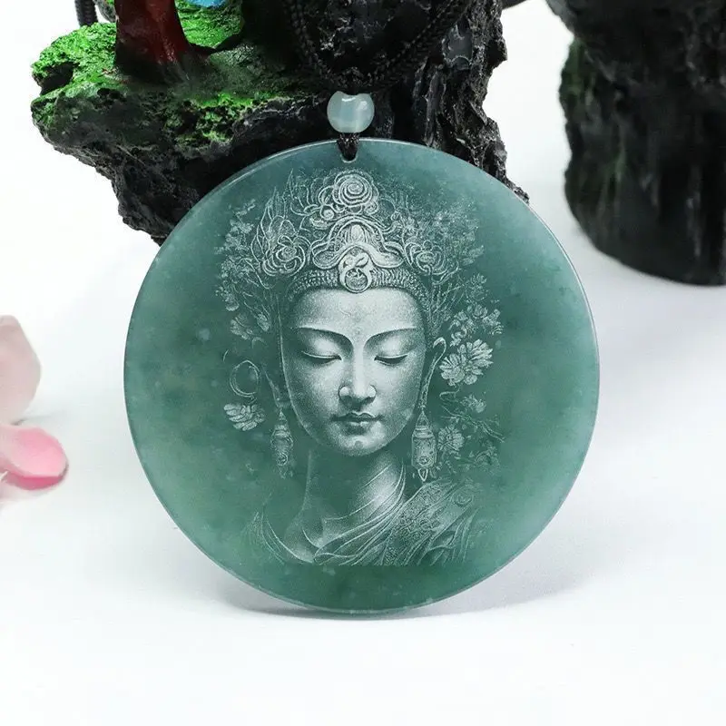 Jade Esculpido Estátua Buda Pingente para Homens e Mulheres, Sombra de Água Azul, Gelo Bodhisattva