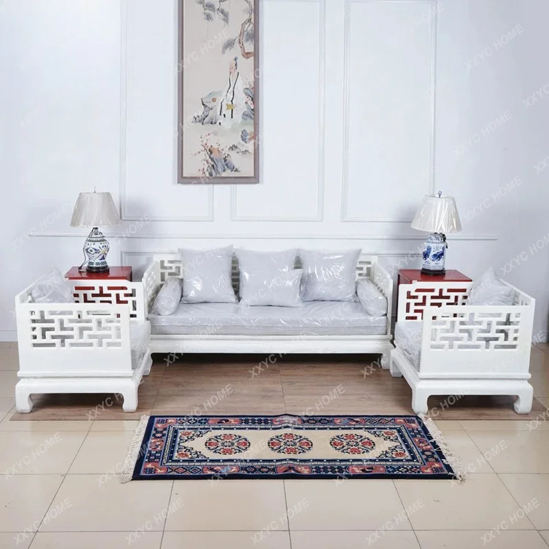 New Chinese retro antique elm fabric living room sofa combination solid wood classical engraving bench