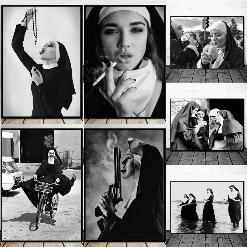 1pc frameless Canvas Painting Modern Simple Wall Art, Black and White Nuns Series, Rebel Smoking, HD Canvas Print Poster, Home L