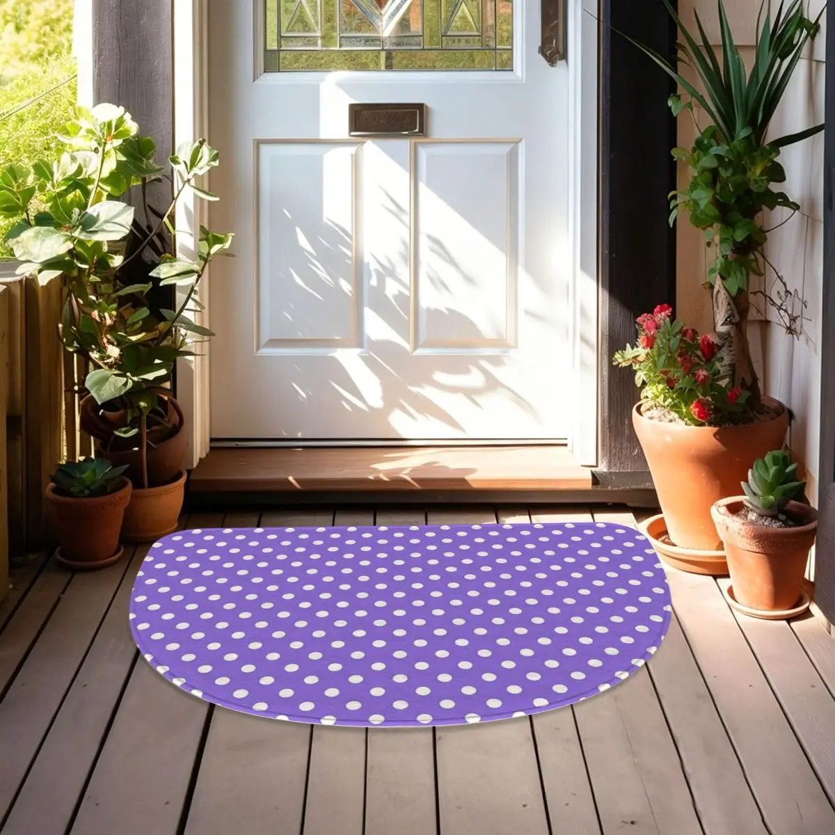White Polka Dots Over Purple Soft Flannel Half Round Doormat Non Slip Bathroom Mat Absorbent Floor Carpet for Living Room