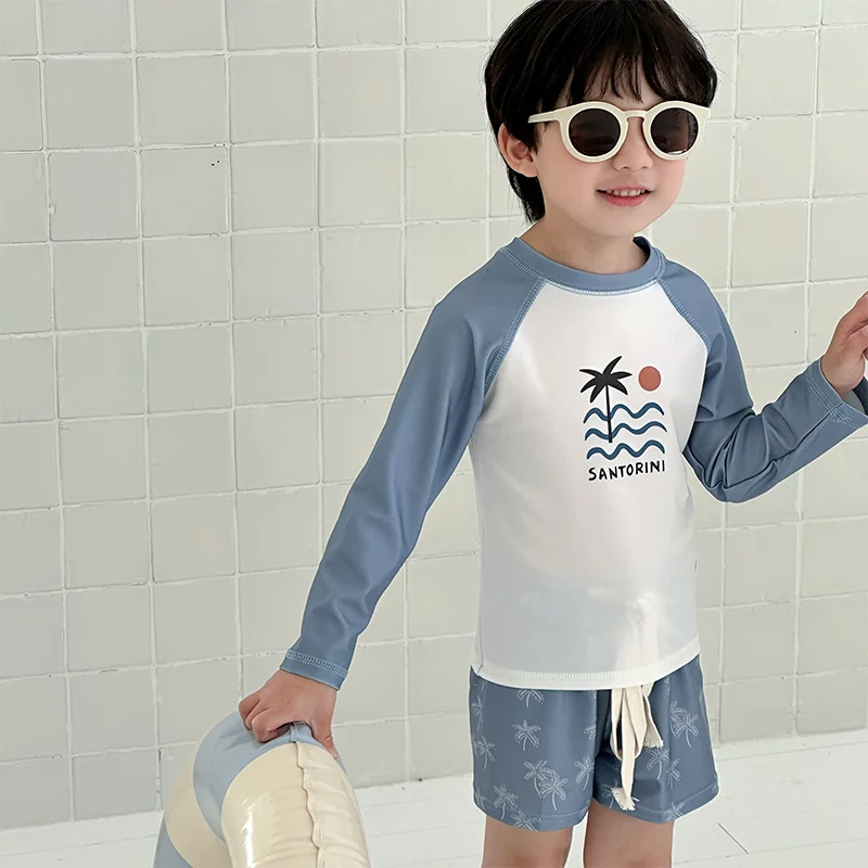 

Baby Boy Swimsuit Ages 2-11Year Kids Rash Guard Swim Set Boy Long Sleeve Top +Shorts Bottom Toddler Boy UV Protection Swim Sets