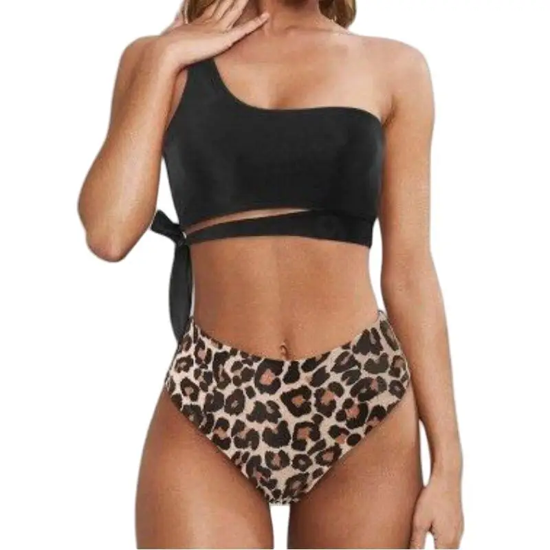 Bikini Swimwear One-Shoulder Tie-Back Separate Tank Top Swimsuit Two-Piece Leopard Print Beachwear for Summer Women Bikinis Set
