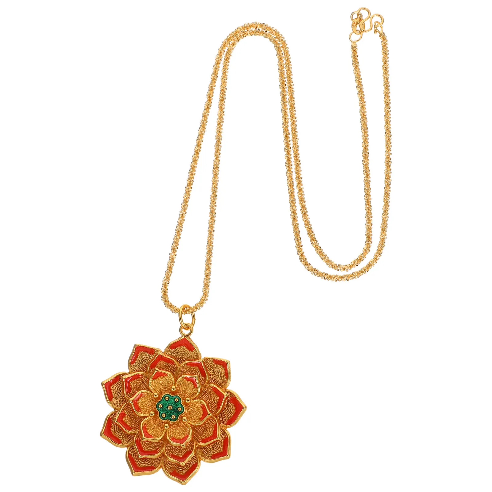 

Vintage Enamel Lotus Flower Pendant Necklace Women Ethnic Style Handcrafted Filigree Elegant Accessory Lotus Pendant