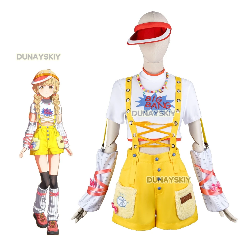 Game Gakuen The Idolm@Ster Kotone Fujita Cosplay Costume Yellow Rompers T-shirt Hat Wig Woman Cute Sexy Daily Leisure Time Suit