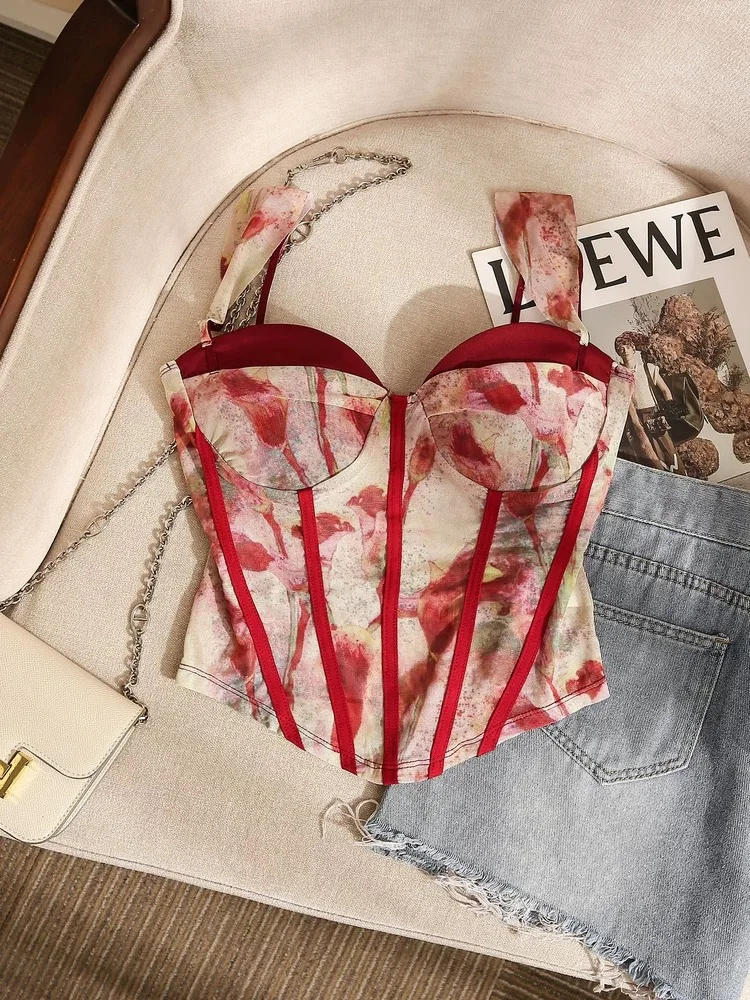 

Vintage oil painting print sexy camisole, hot girl patchwork slim camisole, French elegant design camisole