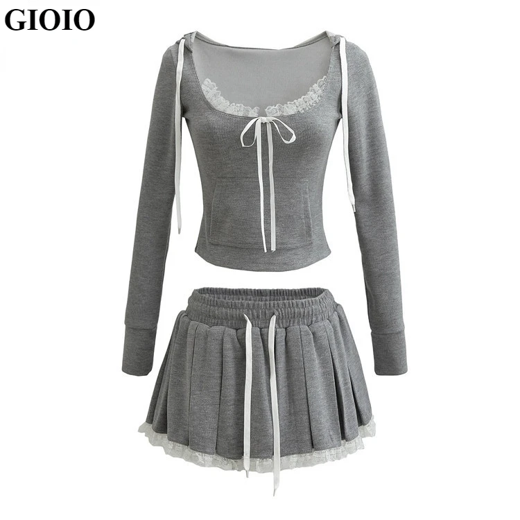 GIOIO Casual Knit Women's Set Hooded Crop Tops and Lace Elastic Waist Pleated Mini Skirts Suits 2024 Baddie Vacation Outfits