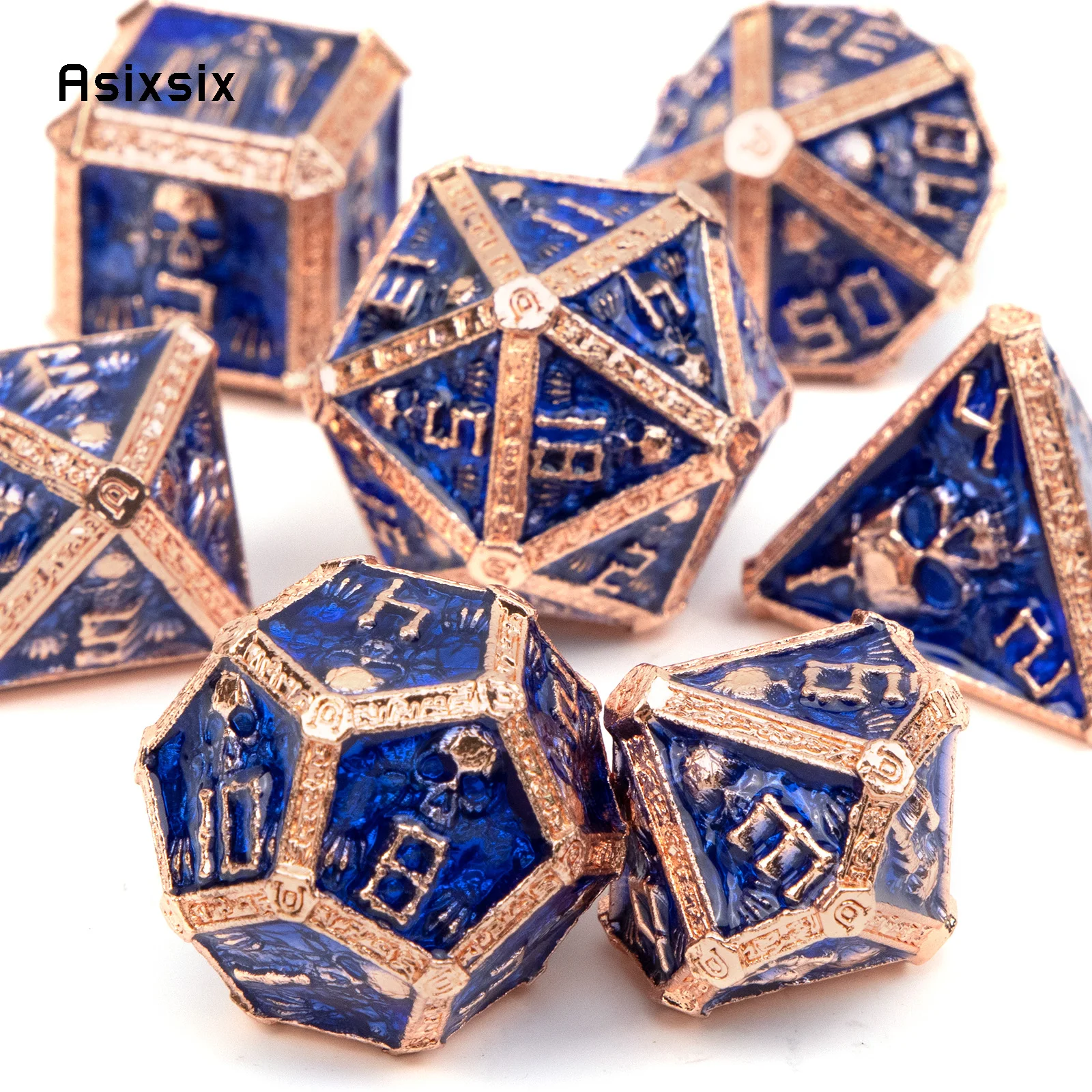 7 Pcs Blue Golden Skull Metal Dice Solid Metal Polyhedral Dice Set Suitable for Role-Playing RPG  Board Game Card Game