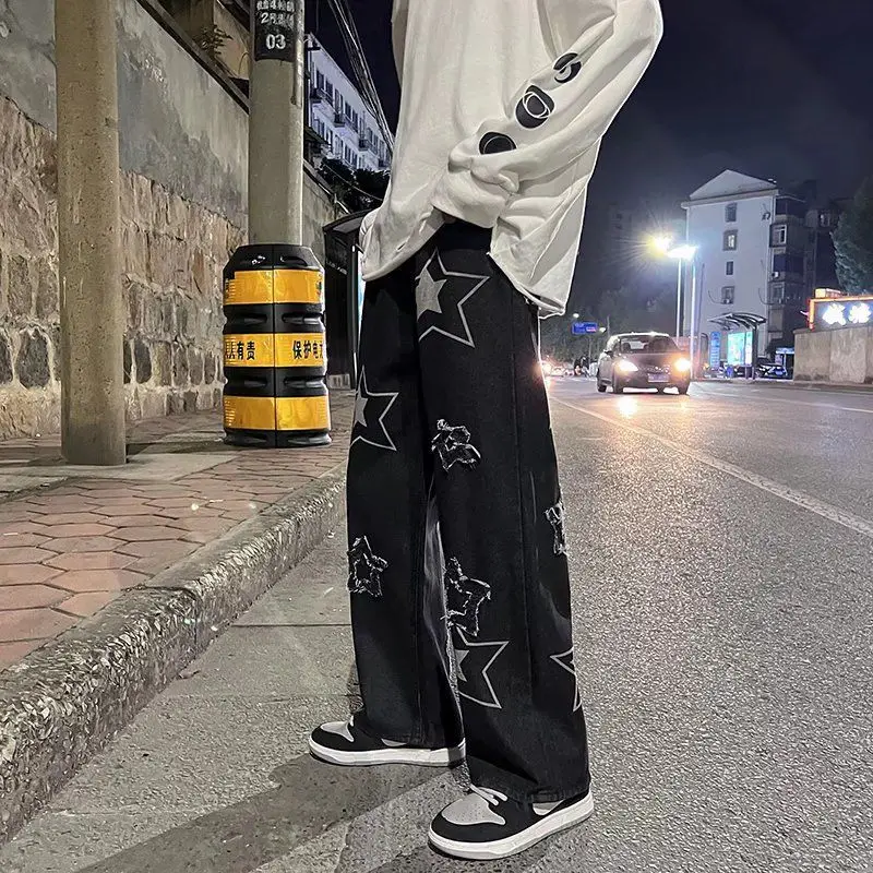 2023 Autumn New Light Luxury Fashion Jeans Men Loose European And American Style Wide Leg Trousers Boutique Clothing SimpleStyle