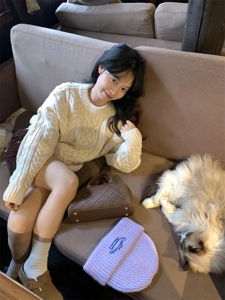 

Lilystore, осенне-зимний повседневный свободный длинный вязаный свитер свека, женский удобный круглый пуловер с надписью Ne