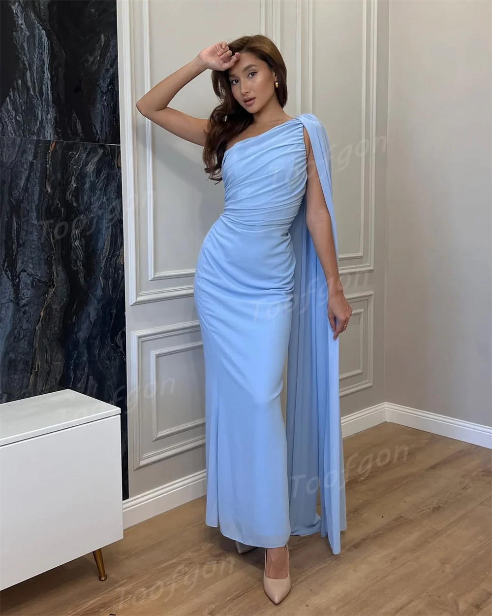 Toofgon moderno azul chiffon sereia vestidos de noite personalizado longo cabo um ombro ocasião especial vestido de festa vestidos de baile
